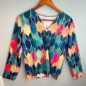 Jewel tone tile print v-neck top
